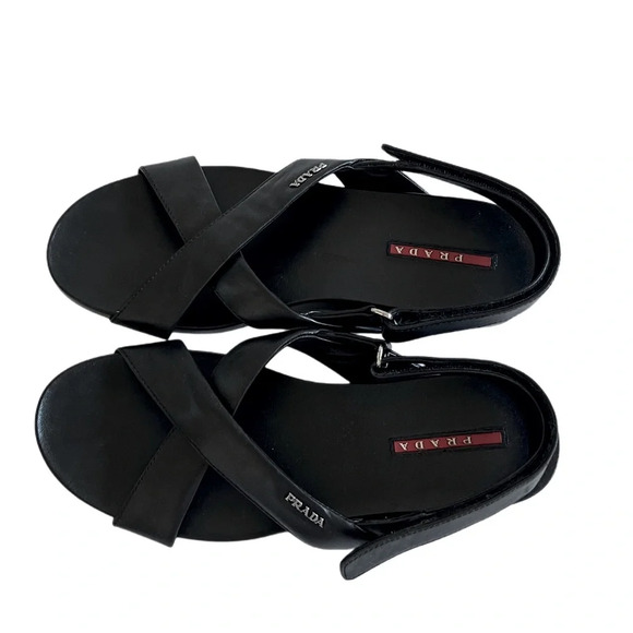 100% Authentic Prada Genuine Leather Slingback Sandals Black Adjustable 37 7 - Picture 4 of 7